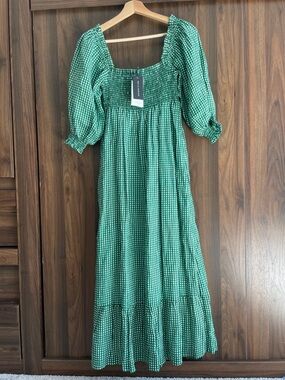 Faithfull the Brand Green Gingham Smocked Linen Maxi Dress